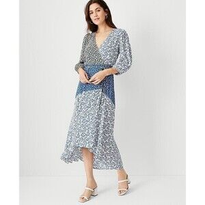 Ann Taylor True Wrap Flare Maxi Dress Lined Boho 3/4 Sleeve Blue 00P‎ Floral